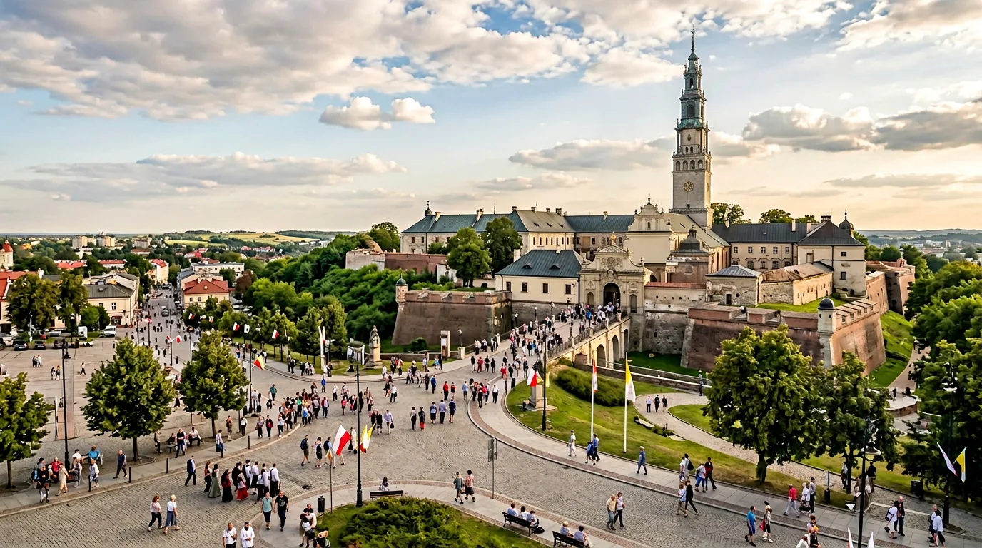 Widok na zabudowę klasztorną i wieże, symbol Częstochowy