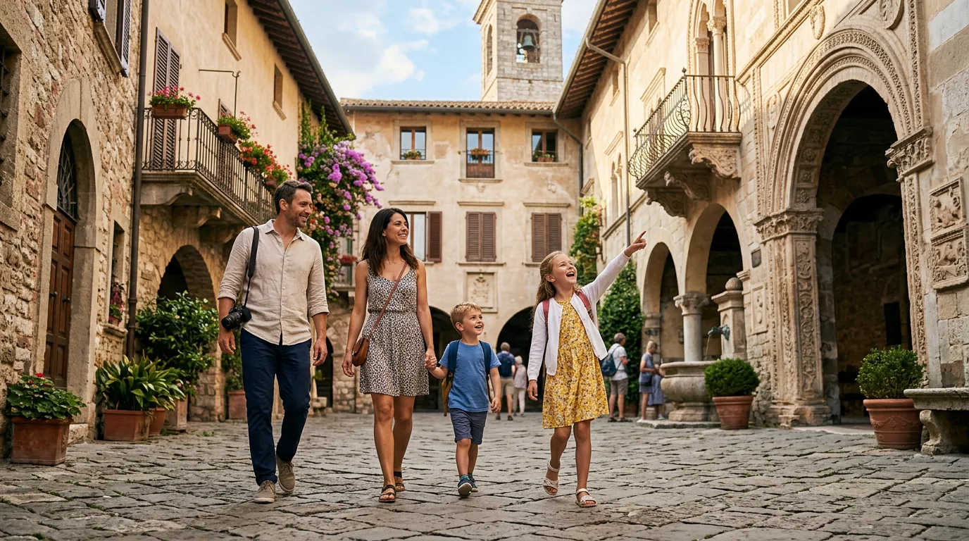 Rodzina z dziećmi w podróży, tło architektoniczne