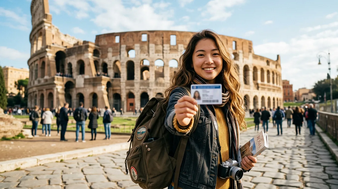 Student z plecakiem, miasto w tle