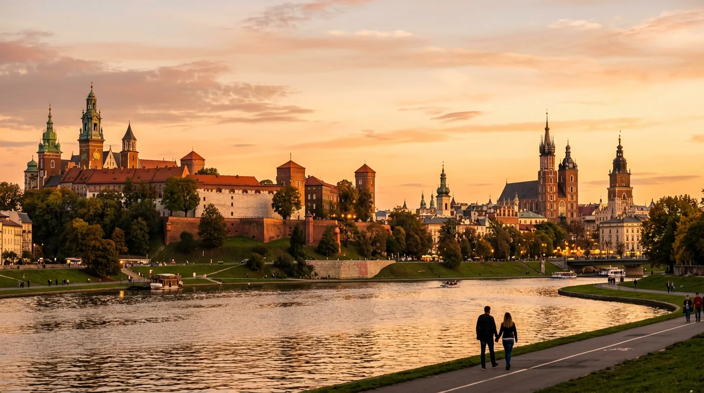 Widok na zabytkowe wieże i dachy w stylu zabytkowego miasta