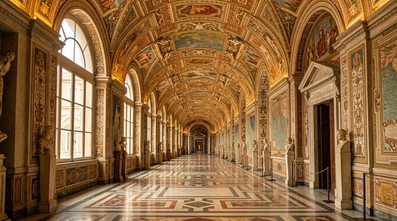 Długa galeria Muzeów Watykańskich, sklepienia i oświetlone marmurowe sale