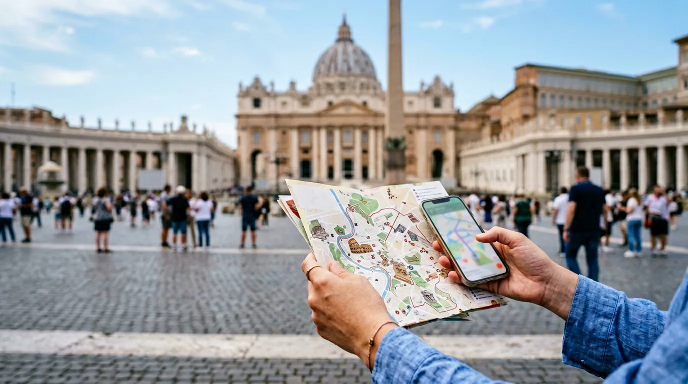 Rzymski plac, smartfon w dłoni, plan miasta