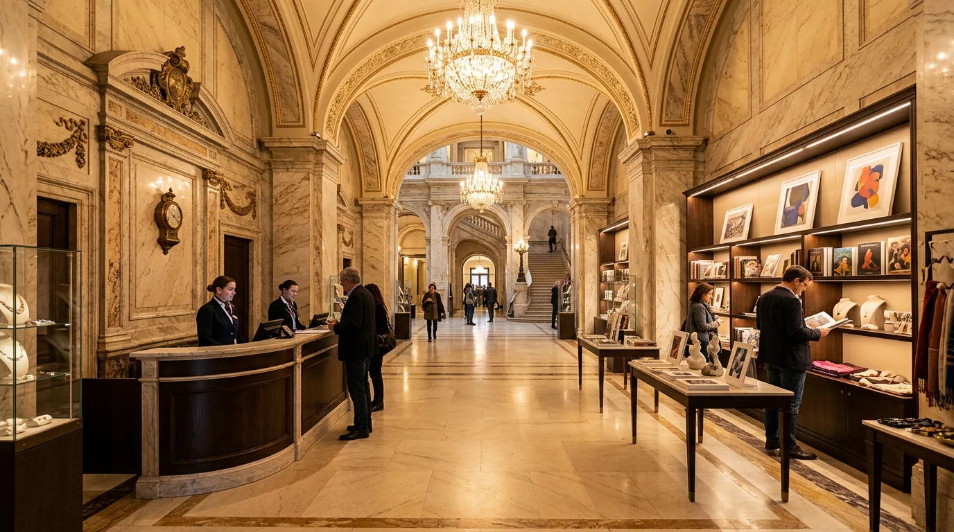 Wnętrze galerii muzealnej, marmur i oświetlenie